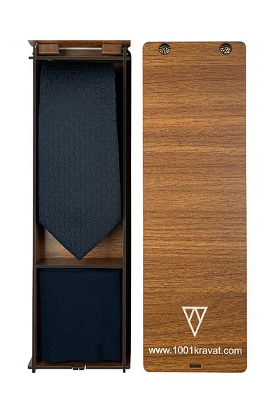 1001 Kravat Men's Gift Set with Wooden Box, Navy Blue Silk Tie and Bamboo Socks
