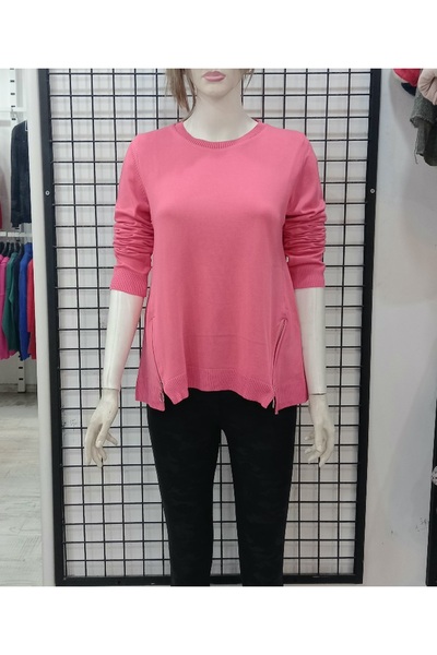 Butik Şans Kadın Pembe Yanları Fermuarlı Triko Kazak