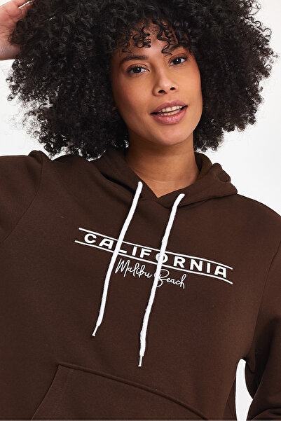 Superlife Дамска блуза с качулка и свободна кройка, с подплата от поларен флис, 3-слоен принт „California“ spr24swk11