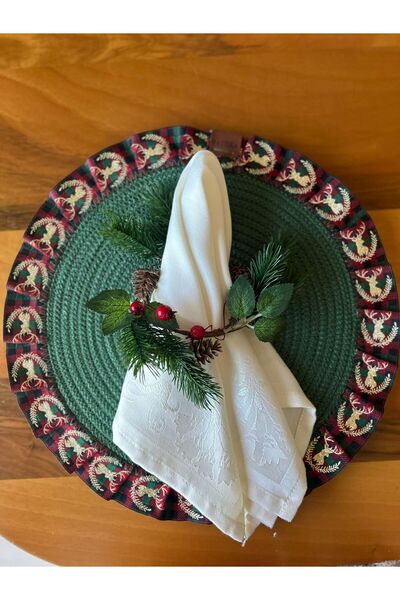 Patiska Tasarım New Year, New Year's Concept, Golden Gilt Deer Ribbon Detailed 6-Piece Jute Plates American Service