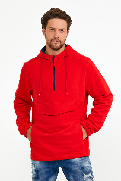 Superlife Men's Hooded Regular Fit Half Zip Thin Sweatshirt with Cargo Pockets Spr22Sw171