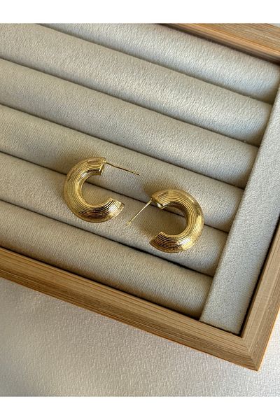 ringbox Gold Striped Medium Size Hoop Earrings