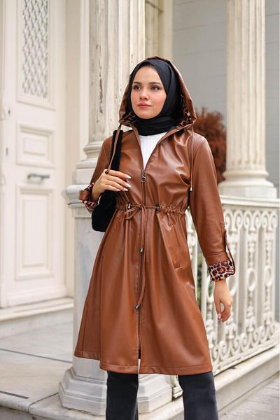 HARMAN BUTİK Women's Leather Short Hooded Trench Coat