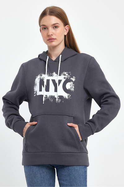 Superlife Women's Hooded Comfortable In-mold Fleece 3 thread NYC Printed SweatShirt spr24swK09