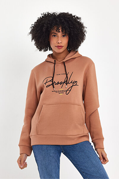 Superlife Women's Hooded Comfortable In-mold Fleece 3 thread Hand Written Brooklyn Printed SweatShirt spr24swk16