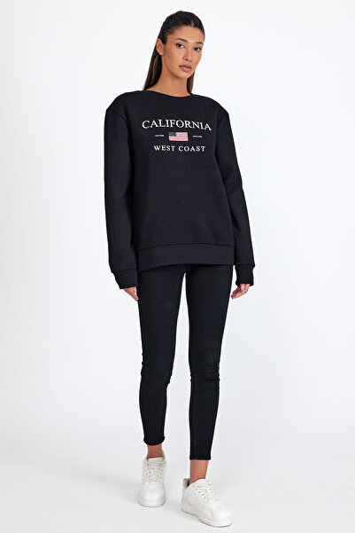 Superlife Süperlife Women's Crew Neck Comfortable Fit Fleece Lined 3 Thread American Printed Sweatshirt Spr24Swk26