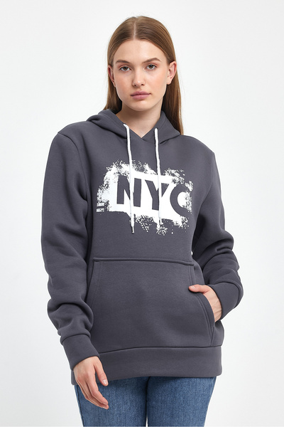 Superlife Women's Hooded Comfortable In-mold Fleece 3 thread NYC Printed SweatShirt spr24swK09