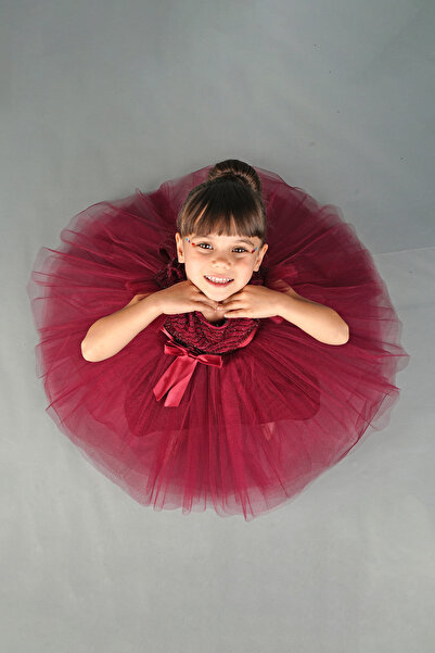 Mixie Bordo Tüllü Kız Çocuk Abiye Parti Elbise