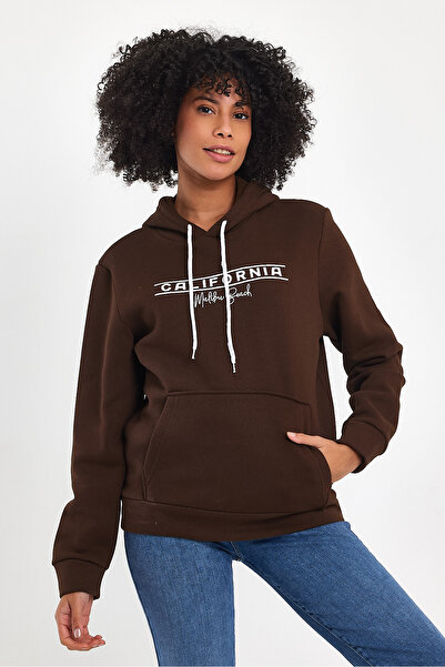 Superlife Дамска блуза с качулка и свободна кройка, с подплата от поларен флис, 3-слоен принт „California“ spr24swk11