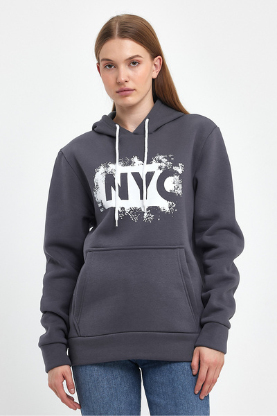 Superlife Women's Hooded Comfortable In-mold Fleece 3 thread NYC Printed SweatShirt spr24swK09