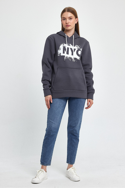 Superlife Women's Hooded Comfortable In-mold Fleece 3 thread NYC Printed SweatShirt spr24swK09