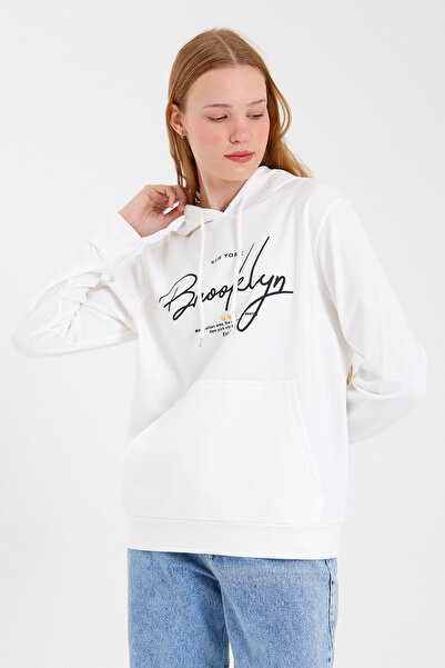 Superlife Süperlife Women's Hooded Regular Fit Handwritten Brooklyn Printed Thin Sweatshirt Spr23Swk361