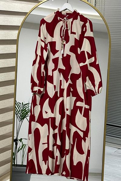 Bold Grup Women's Burgundy Buttoned Patterned Wrapped Fabric Belted Hijab Winter Dress