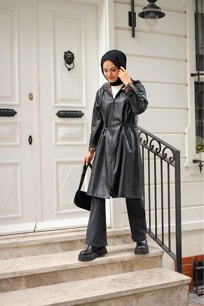 HARMAN BUTİK Women's Leather Short Hooded Trench Coat