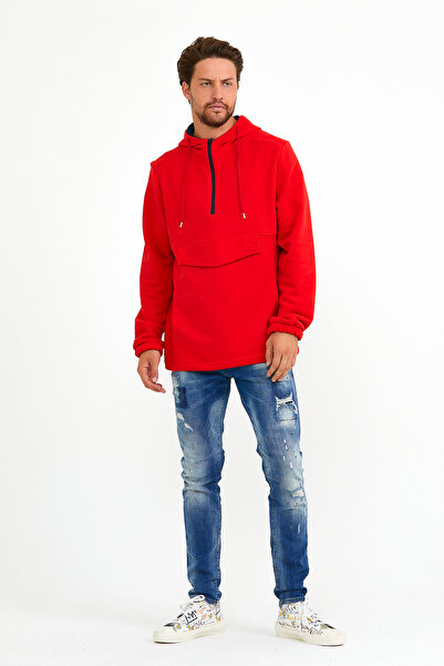 Superlife Men's Hooded Regular Fit Half Zip Thin Sweatshirt with Cargo Pockets Spr22Sw171