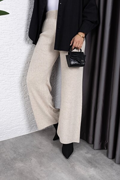 BLUEMOOR Dámské žebrované kalhoty z elastického úpletu se širokými nohavicemi