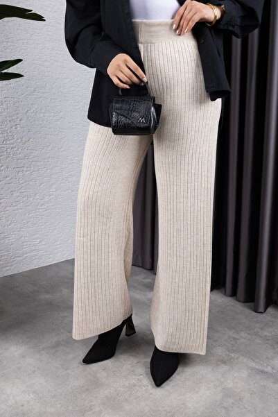 BLUEMOOR Dámské žebrované kalhoty z elastického úpletu se širokými nohavicemi