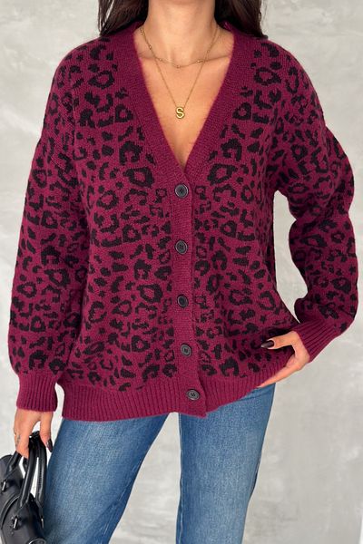 FEMELLE Cardigan de damă, cireș, mărime standard, cu model leopard, tricotaj supradimensionat