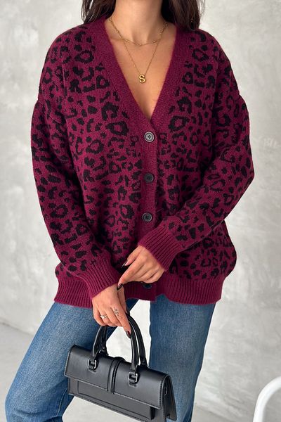 FEMELLE Cardigan de damă, cireș, mărime standard, cu model leopard, tricotaj supradimensionat