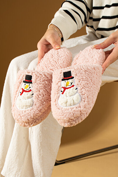 WMİLANO Kadın Pudra Pembe Kardan Adam Desenli Rahat Taban Kışlık Ev Terliği