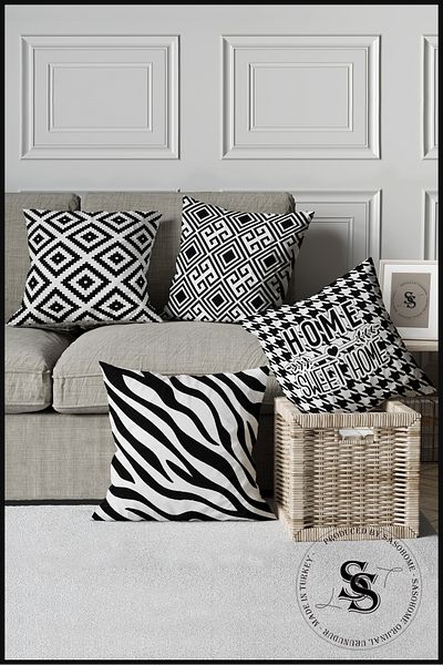 SasoHome Set de 4 huse de pernă cu modele Home Sweet Home și zebră cu dungi negre