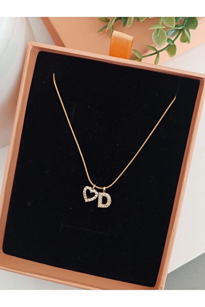 LUCKY ACCESSORIES Çelik Minimalist Zarif Zirkon Taşlı Harf Ve Kalpli Kadın Çelik Kolye D Harfi