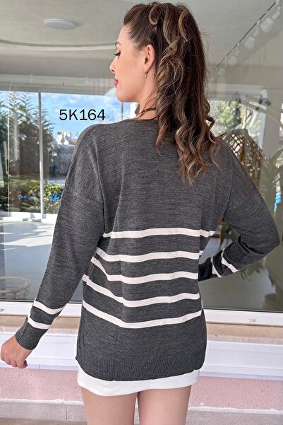 İnce Topuk V-Neck Striped Knitwear Blouse 	 5K164