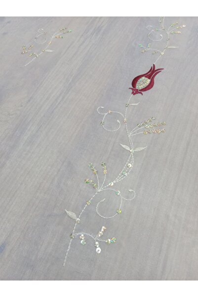 DÜZGÜN Tül perde hazır perde pilesiz nakışlı pullu ütü istemez bordo detaylı