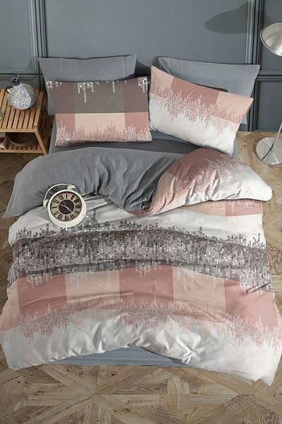 Lorien Ruby Patterned Double Duvet Cover Set with Elastic Sheets and Double Sided Use