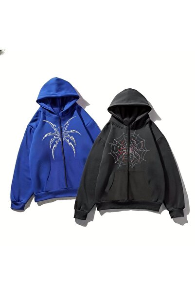 MAYDAY CULTURE Jachetă cu glugă cu fermoar, cu imprimare Dtf, neagră și albas...