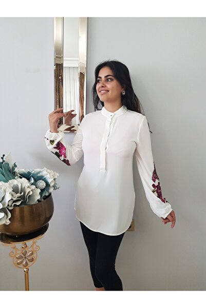 FERGAN Women's White Balloon Sleeve Special Design Bluz