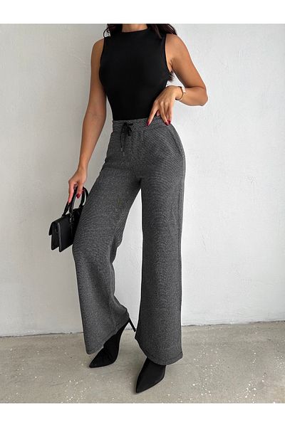 YUSUF CAN KARATAŞ KARATAŞ GİYİM Women's Poly Viscose Fabric Waist Lace-Up Loose Fitting Trousers