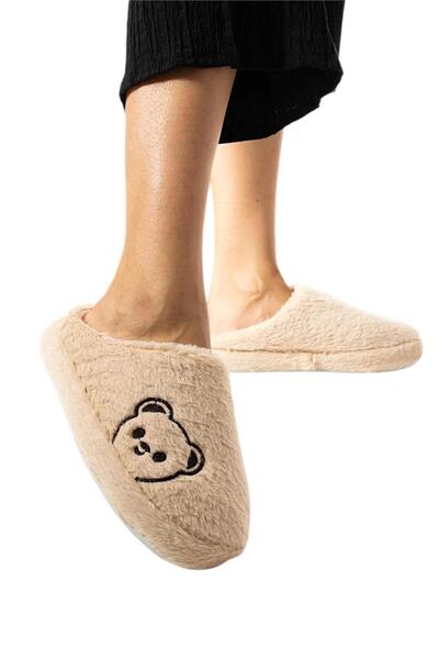 Liger Beige Plush Women's House Slippers - Closed Front and Teddy Bear Printed