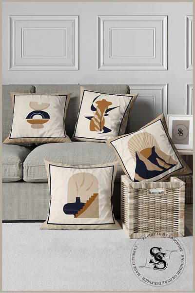 SasoHome Set de 4 huse de pernă imprimate digital cu model de obiecte etnice moderne pe un fundal crem