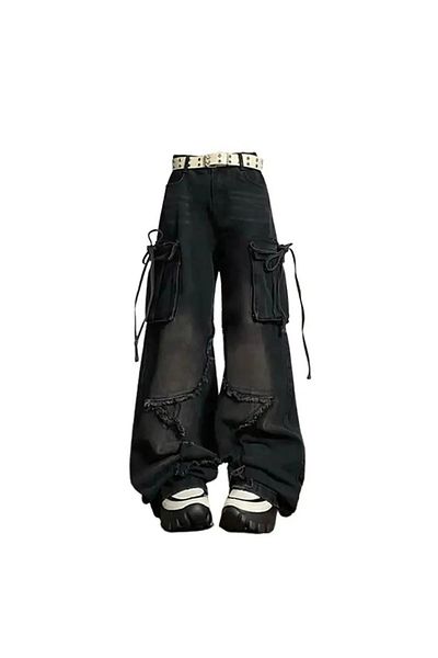 Butik Y2k Μαύρο Unisex Star με λεπτομέρεια που πλένεται με φαρδύ πόδι Relax Unisex Tech παντελόνι