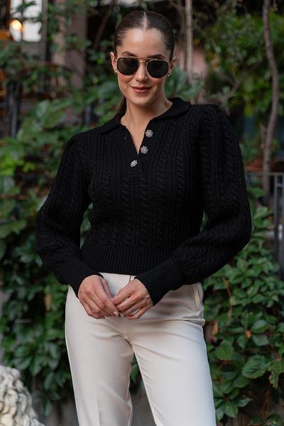 hillswomanstore Pulover tricotat cu nasturi, negru, cu gât polo