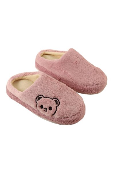 Liger Papuci de casă de pluș pentru femei - față închisă, imprimeu ursuleț, ROZ