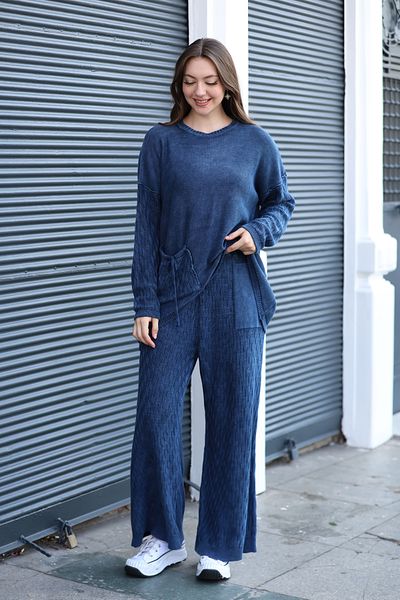AYASOFYA OTANTIK Women's Navy Blue Patterned Blouse and Elastic Waist Pants Antique Cotton Knitwear Set of 2