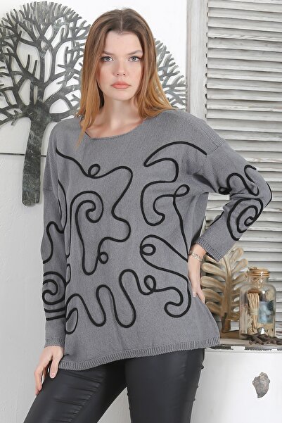 Chiccy Italian Gray Boat Neck Long Sleeve Streamline Embroidery Casual Knitwear Sweater