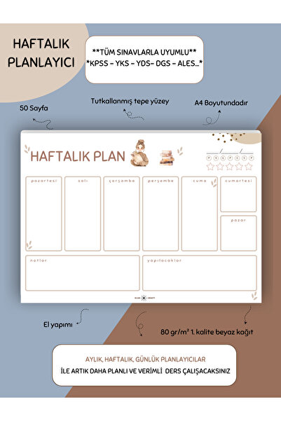 Else Craft Haftalık Ders Çalışma Defteri  - A4 Yatay -  50 Sayfa - PL-2- Tüm ...