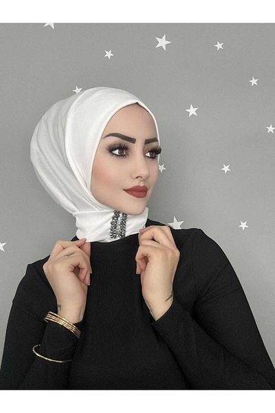 OykumBone Λευκό Πέτρινο Κουμπωτό Μαντήλι Hijab με δέσιμο στην πλάτη