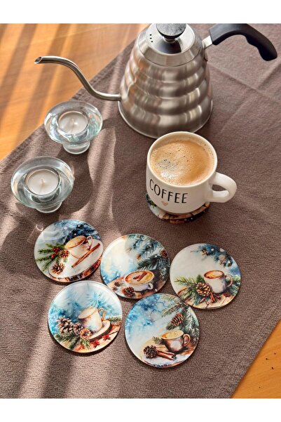 Lazer Store Pleksi Bardak Altlığı - 6 Adet - Kış ve Kahve Desenli
