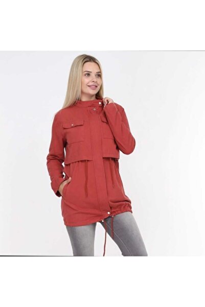 Azra Moda Style Women's Seasonal Coat - Brick Color, Foldable Sleeves