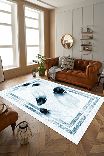 Viyana Home Dijital Kaymaz Taban Yıkanabilir Çerçeveli Tüy Desenli Yolluk Mut...