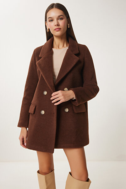 Lovelyİstanbul معطف بني - طية صدر السترة مزدوجة الصدر، تأثير الصوف LHL0005