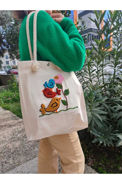 Lessa Home Gabardin Kumaştan İp Askılı Çıt Çıt Detaylı Punch İşlemeli Körüklü Askılı Bez Çanta
