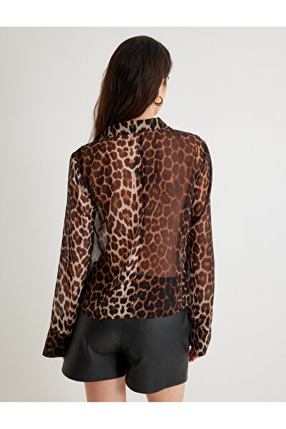 Koton Long Sleeve Leopard Print Shirt Collar Blouse - Front Tie