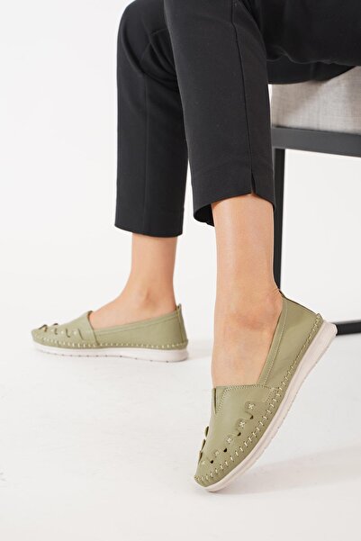 Moda Pie Pantofi de damă din piele naturală cu cusătură verde - Laner