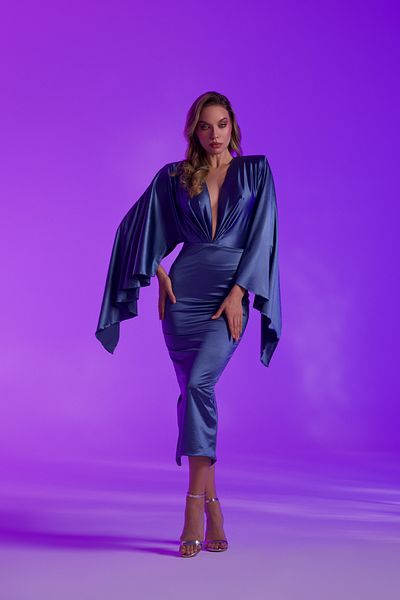 Gira official Dark Blue Saten Wide Sleeve Midi Dress
