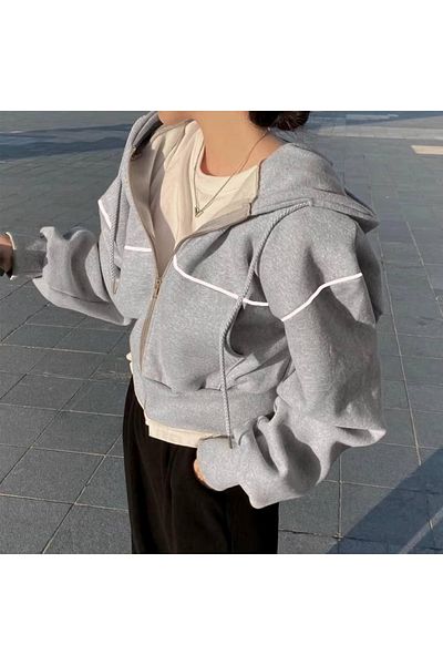 Gofeel Y2K 3 Yarn Crop Zipper Hoodie Jacket